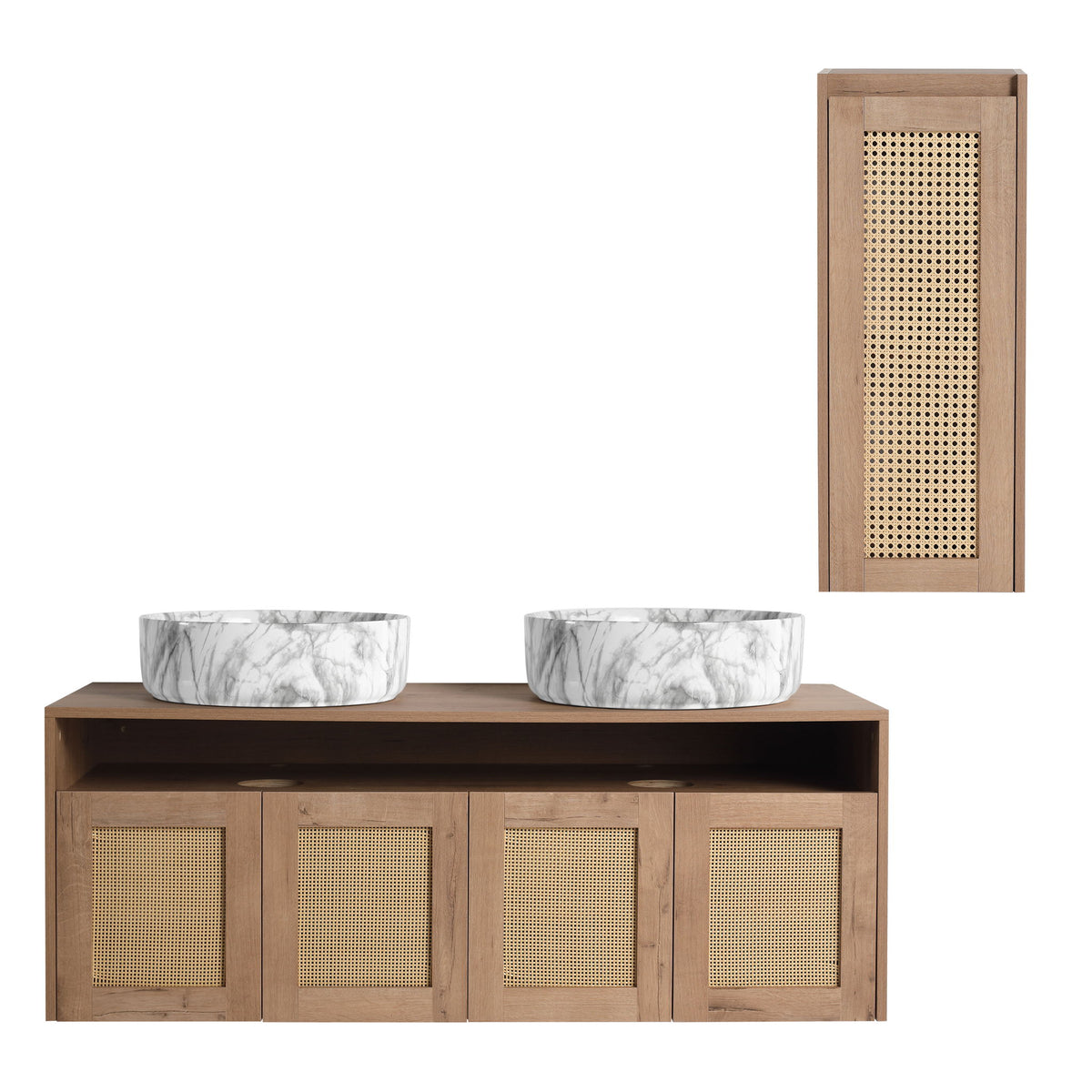 Bathroom vanity with two oval sinks and four mesh-front cabinet doors, plus wall cabinet