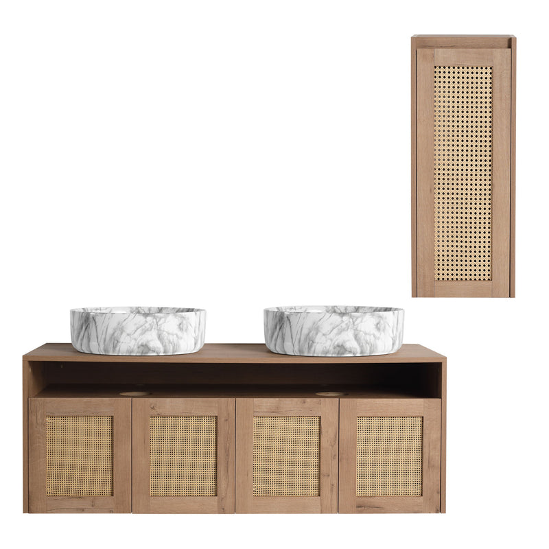 Bathroom vanity with two oval sinks and four mesh-front cabinet doors, plus wall cabinet