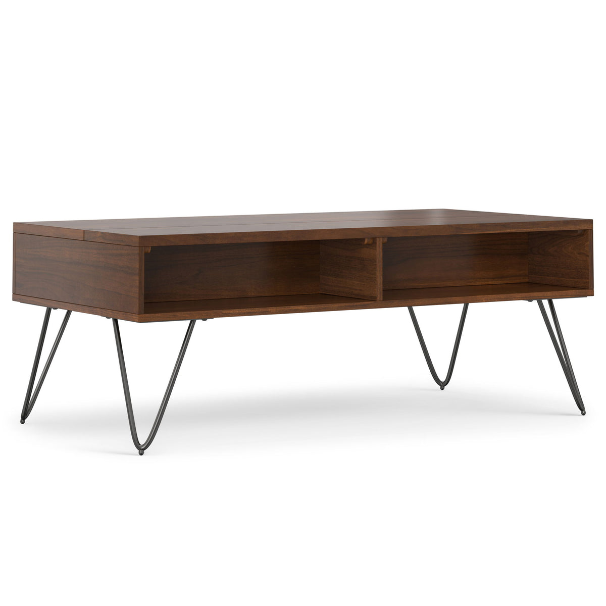 Lift-top coffee table with dark brown wood finish, drawers, and angled legs