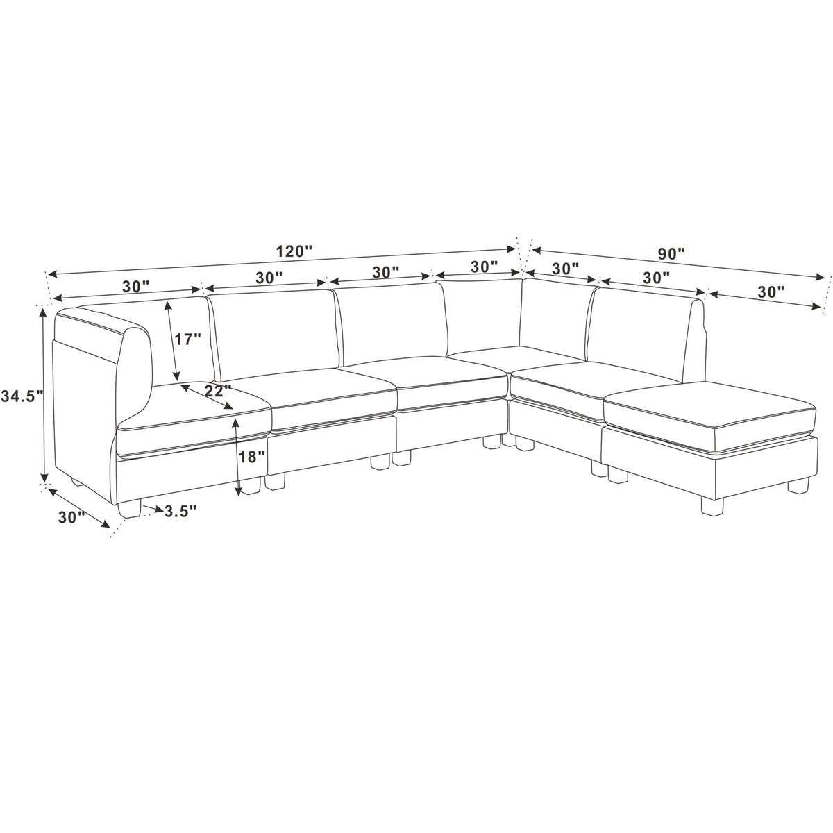 Upholstered modular sectional sofa dimension diagram with chaise and ottoman