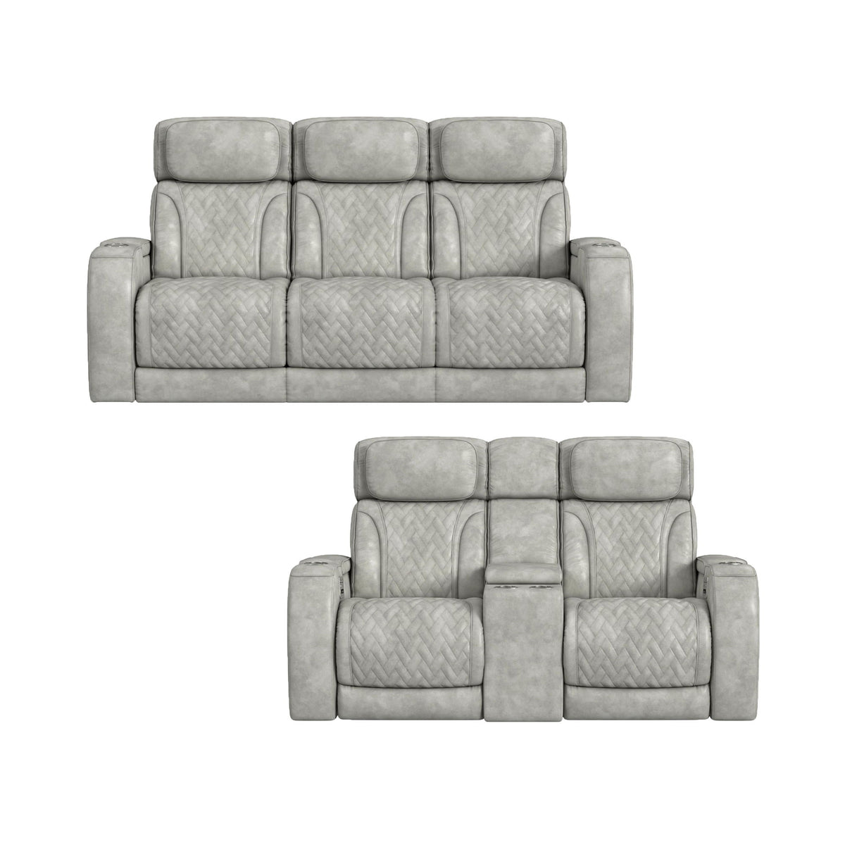 Light gray upholstered sofa set with three seat cushions and padded armrests