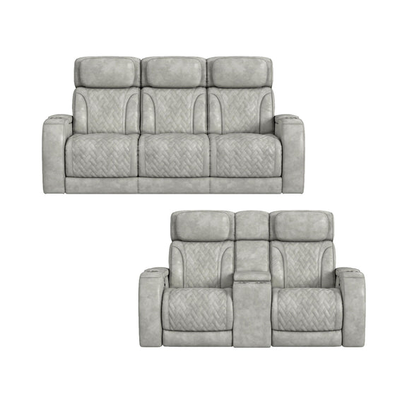 Light gray upholstered sofa set with three seat cushions and padded armrests