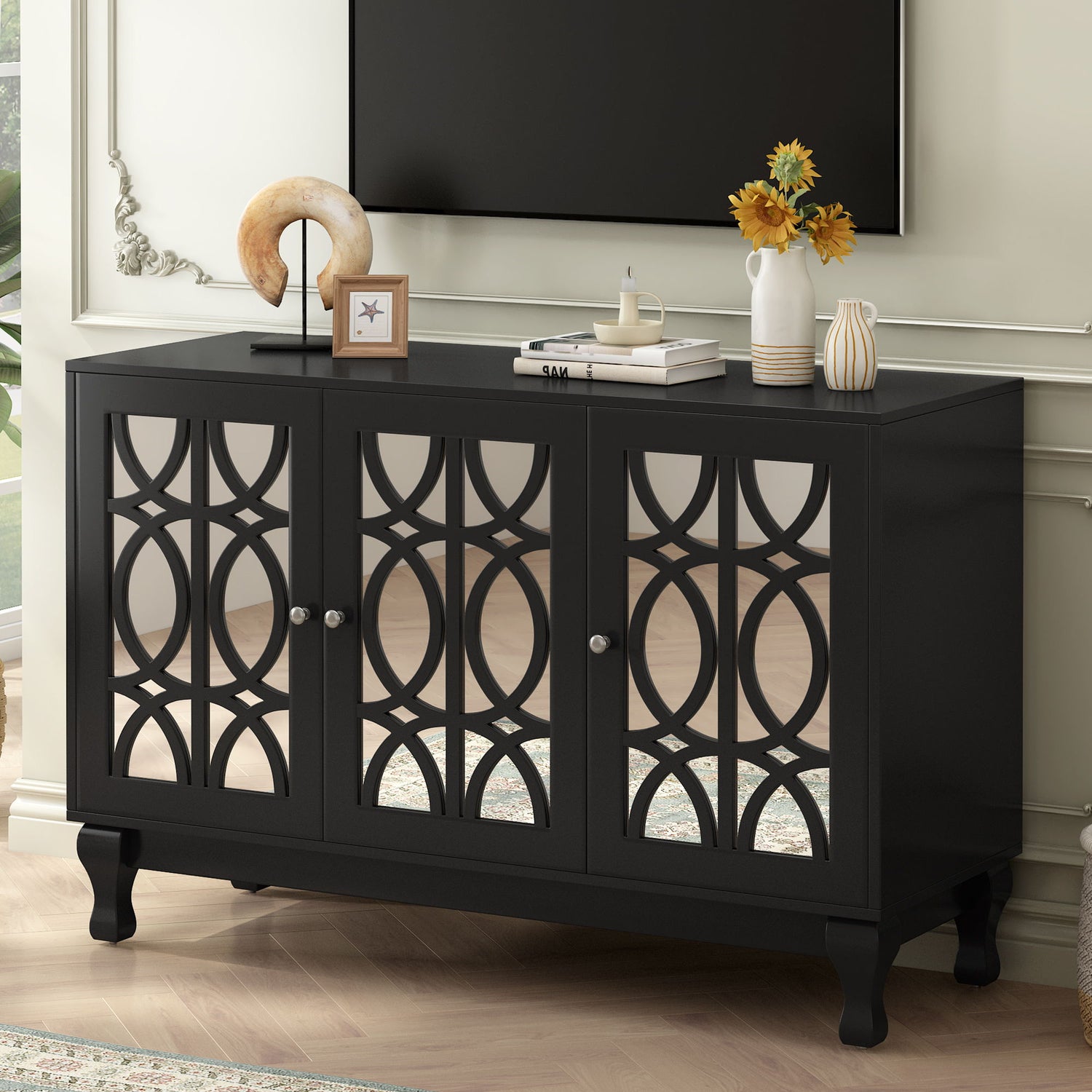 Modern Mirrored TV Stand, 3 Adjustable Shelves For Living Room