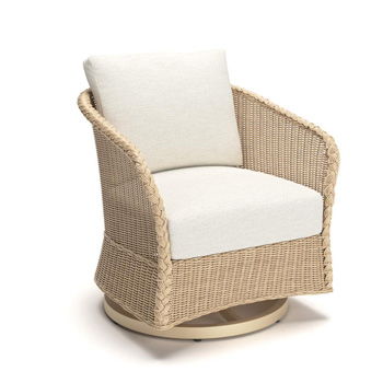 Beige wicker swivel glider chair with cream seat and back cushions