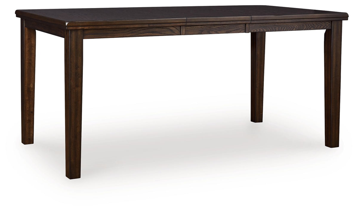 Counter-height dining table, dark brown wood with butterfly extension center seam