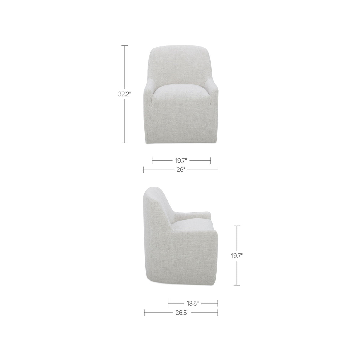 Light beige upholstered dining chair side view, rounded arms and cushioned back