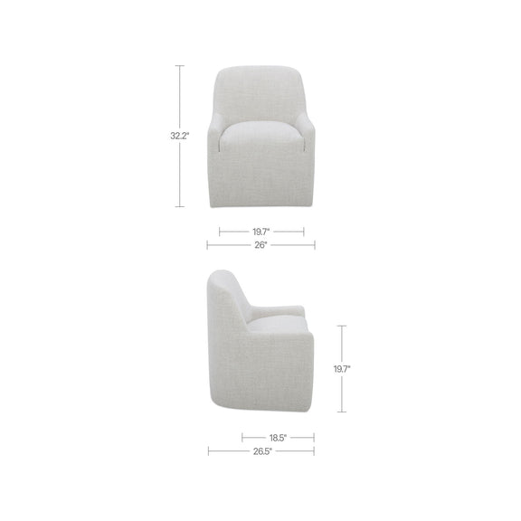Light beige upholstered dining chair side view, rounded arms and cushioned back