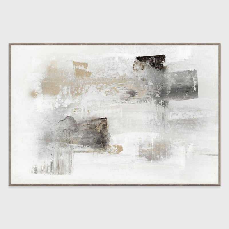 Framed abstract painting with wood frame and white, gray, black brushstrokes