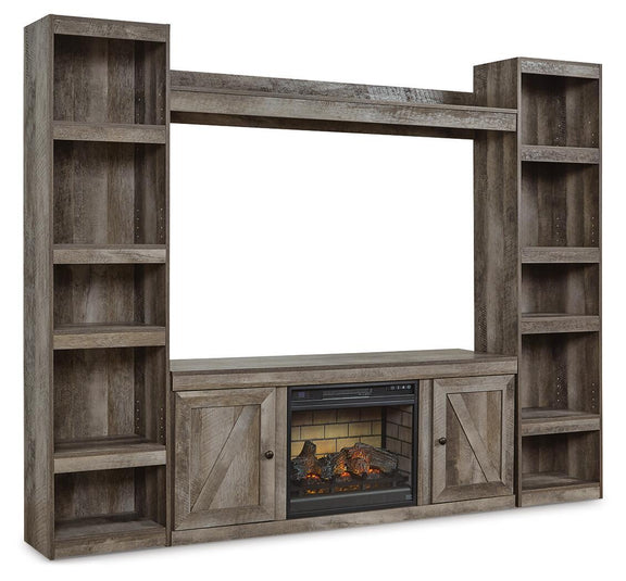 Gray entertainment center with open shelves, cabinet doors, and faux fireplace insert
