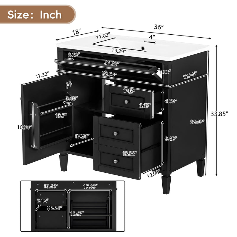 Black vanity with open cabinet and drawers, tip-out drawer, sink and storage dimensions