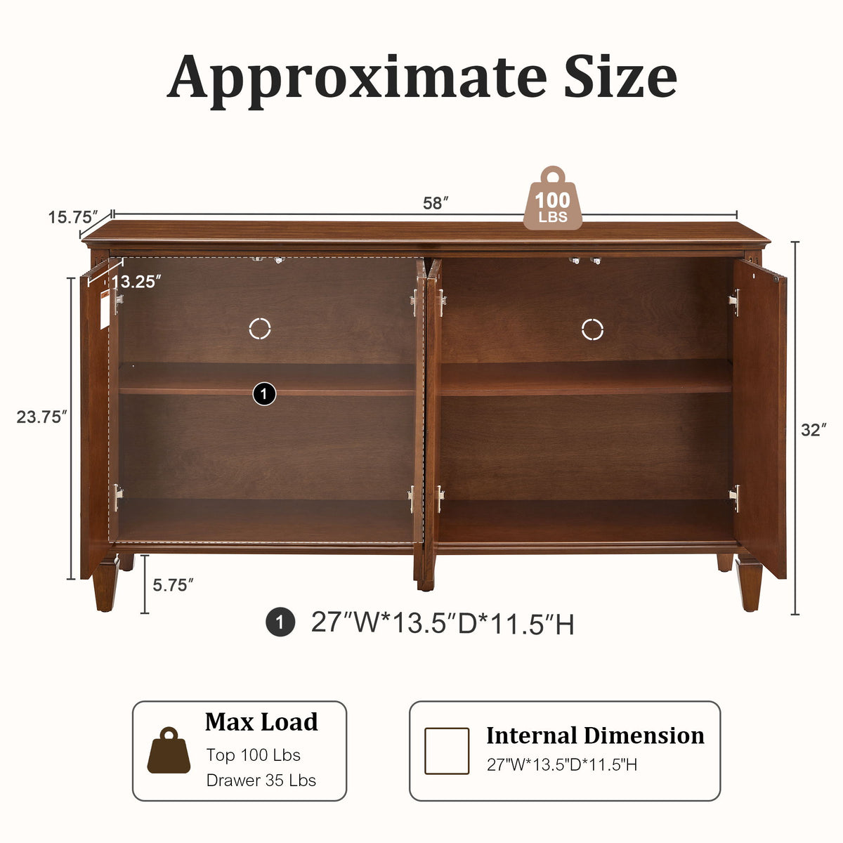 Walnut TV stand with doors open, showing two storage compartments and shelves