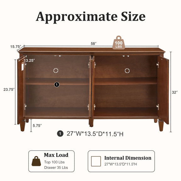 Walnut TV stand with doors open, showing two storage compartments and shelves