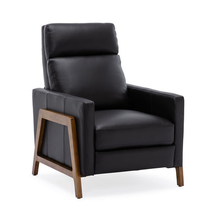 Black faux-leather push-back recliner chair, front three-quarter view, wood legs.
