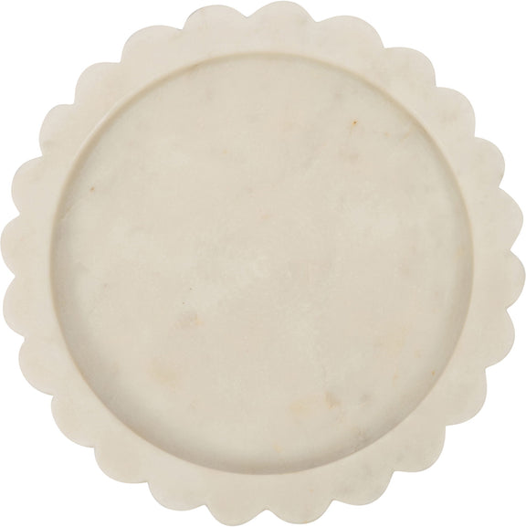 Ricardo genuine marble tray, white top view with scalloped edge