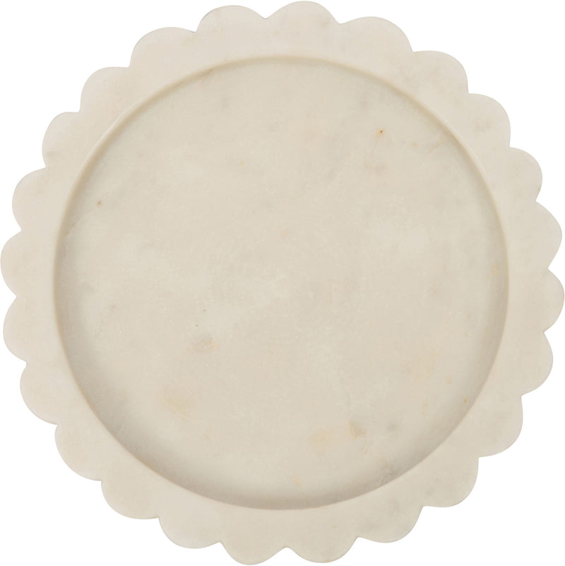 Ricardo genuine marble tray, white top view with scalloped edge