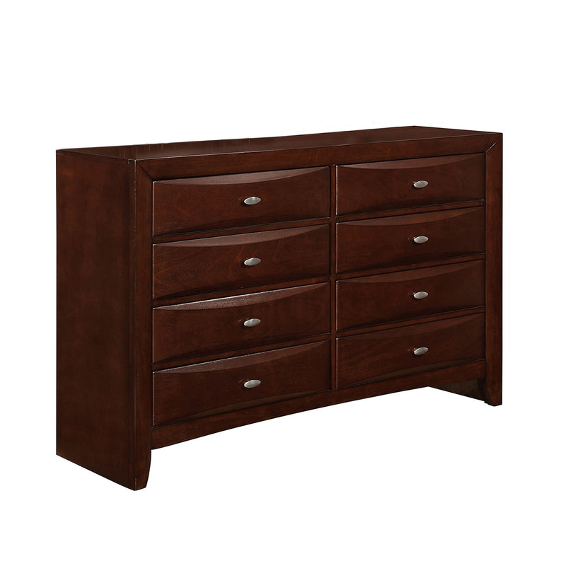 Dark brown storage dresser with six drawers and metal knobs