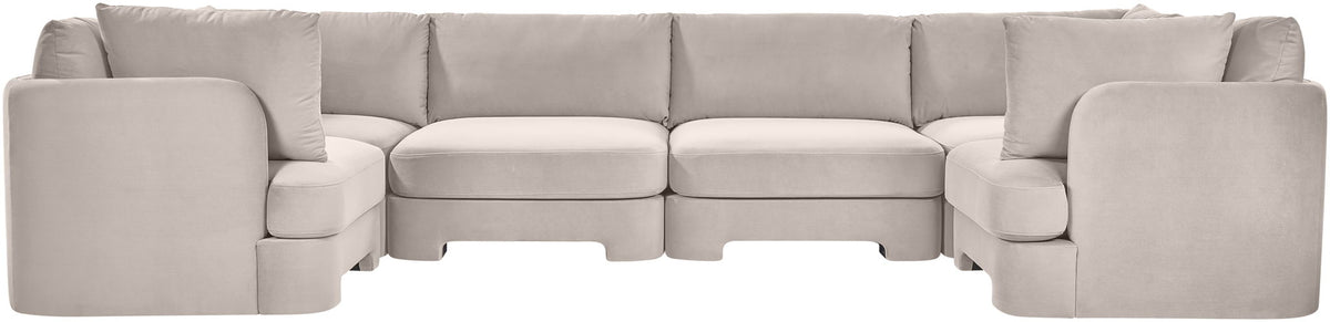 Light gray velvet U-shaped sectional sofa, 6-piece set with upholstered cushions.