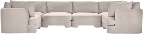 Light gray velvet U-shaped sectional sofa, 6-piece set with upholstered cushions.
