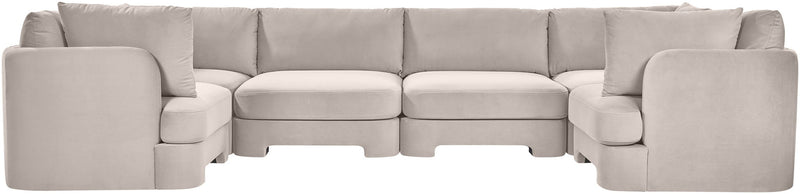 Light gray velvet U-shaped sectional sofa, 6-piece set with upholstered cushions.