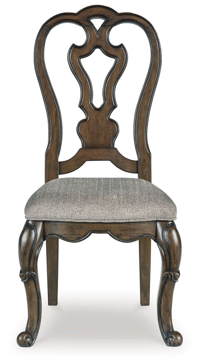 Maylee upholstered dining side chair with scalloped dark brown back and gray seat