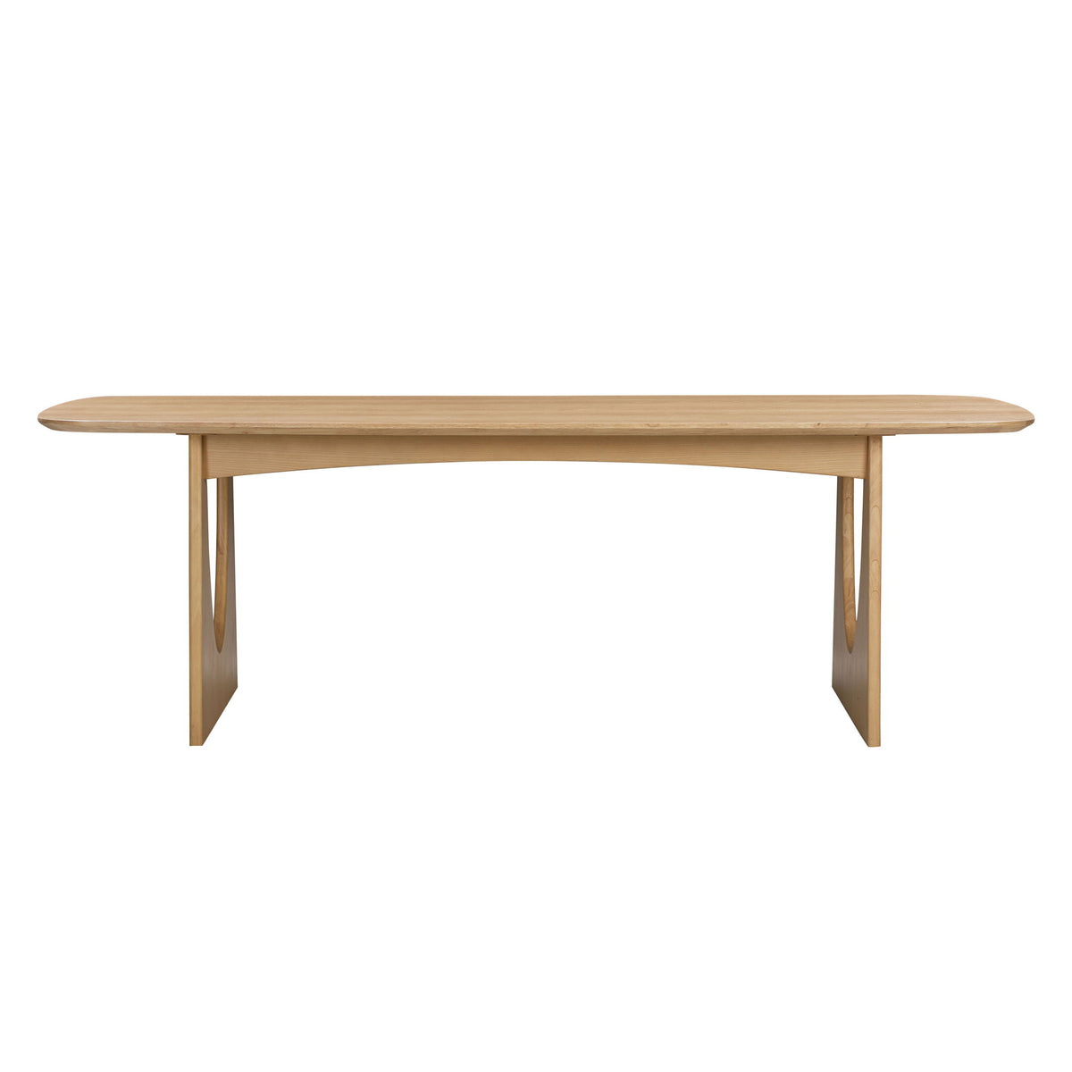 Light brown dining table with rounded ends, smooth top, and straight legs