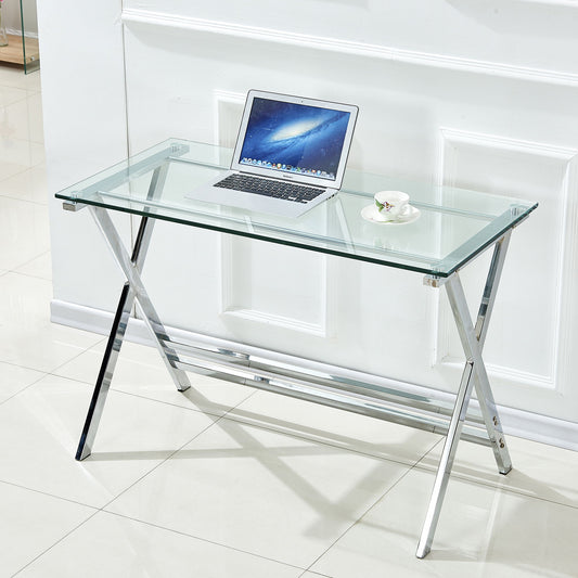 Transparent Glass Computer Desk With Rounded Edges, Tempered Glass Laptop Table - Clear