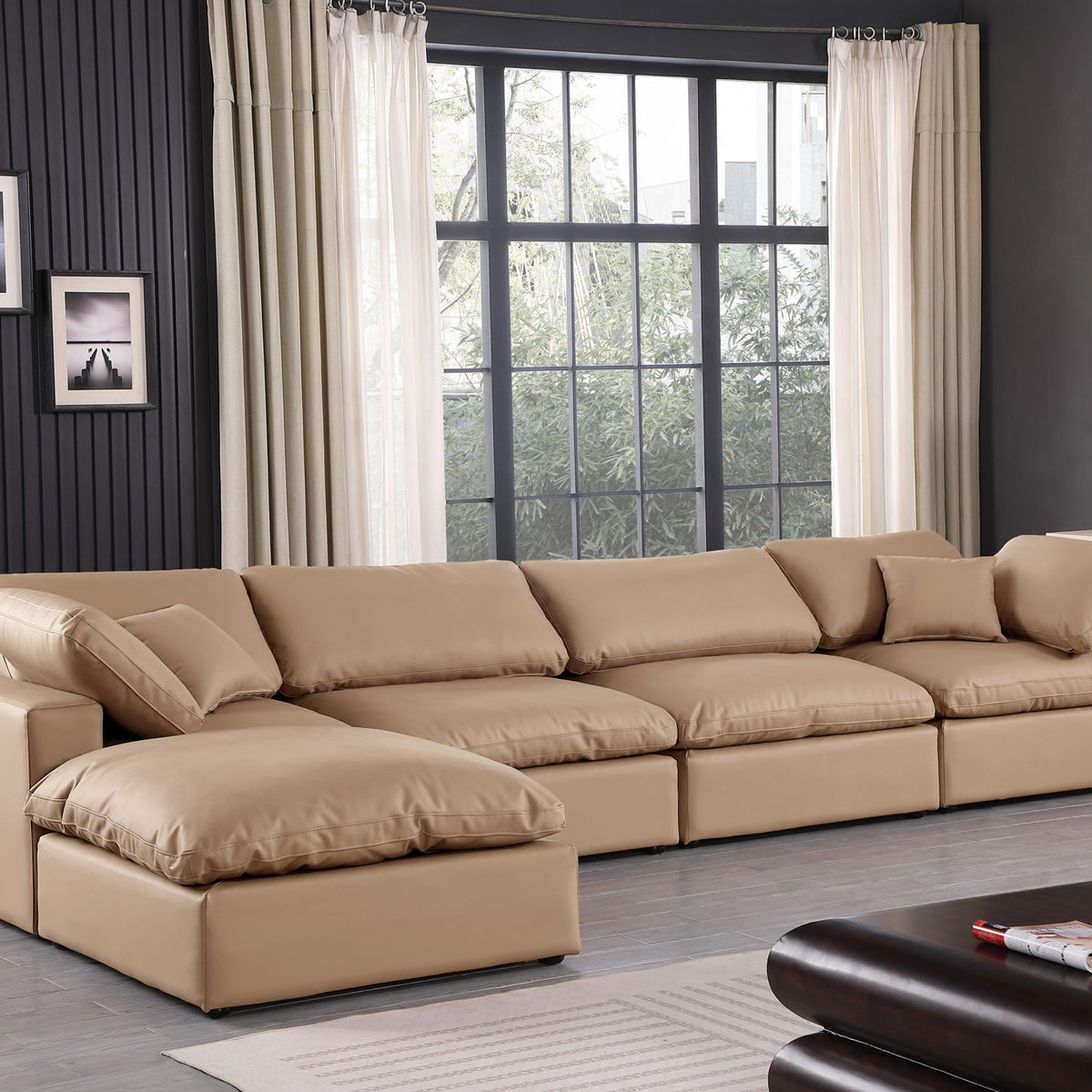 Comfy - 5 Piece Faux Leather Modular Sectional With Chaise - Tan