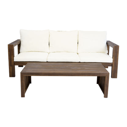 Outdoor 3-seat sofa with light wood frame, white cushions, and matching rectangular coffee table