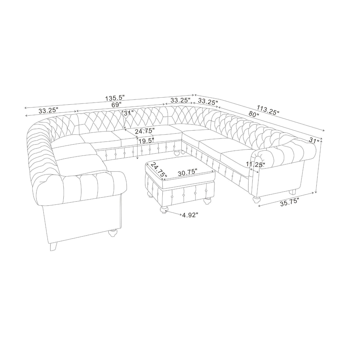 U-shape sectional sofa size chart diagram showing corner sections and ottoman dimensions