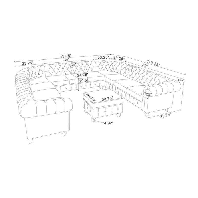 U-shape sectional sofa size chart diagram showing corner sections and ottoman dimensions