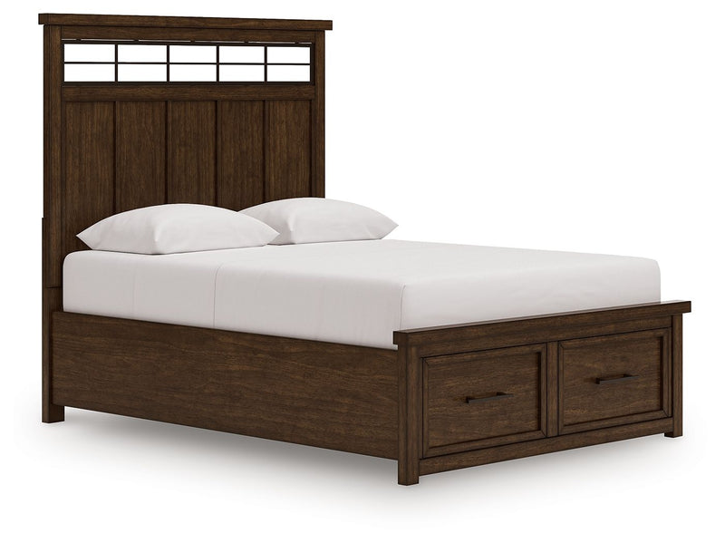 Brown panel storage bed with slatted headboard and two drawers in the footboard