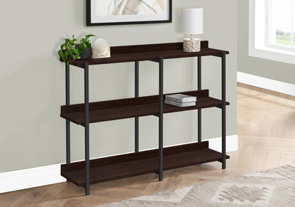 Dark brown 3-tier console table with open shelves and black metal frame