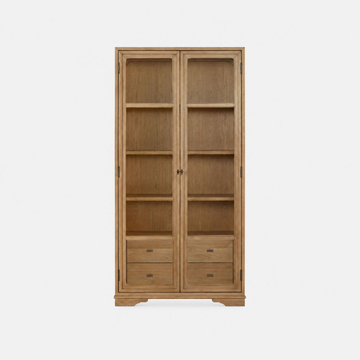 Light brown display cabinet with two glass doors, four shelves, and four drawers