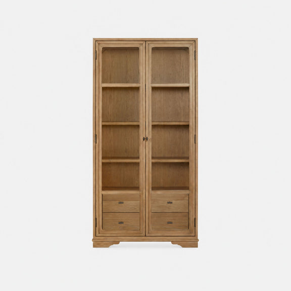 Light brown display cabinet with two glass doors, four shelves, and four drawers