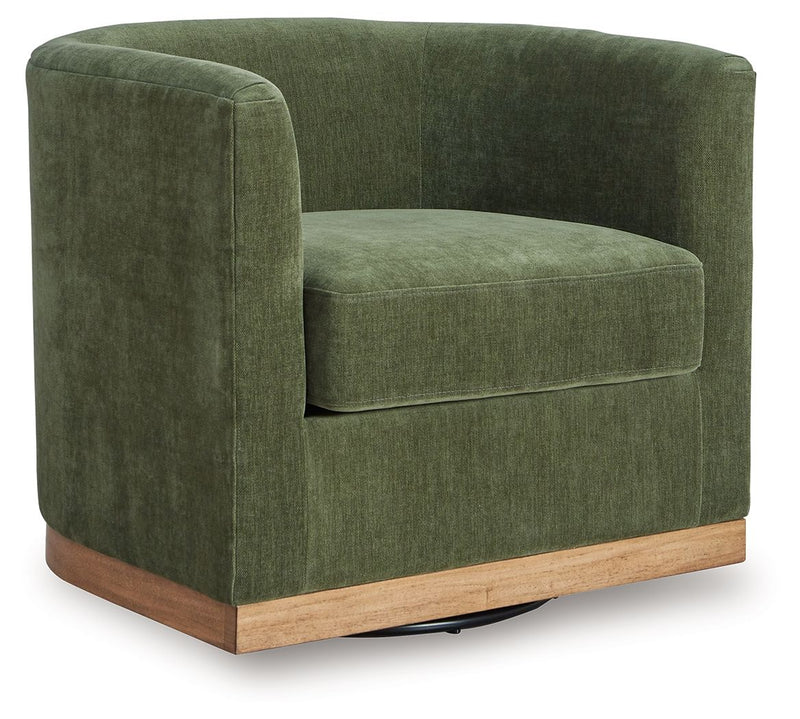 Forest green swivel chair with rounded arms, cushioned seat, and light wood base