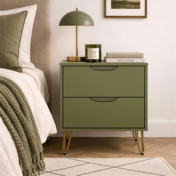 2-drawer nightstand, dark green cabinet with curved pulls and gold tapered legs