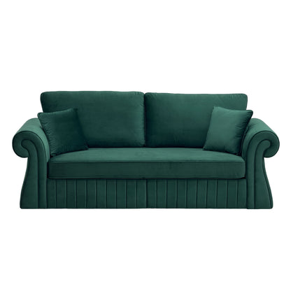 Three-seat sofa in dark green with rolled arms, vertical channel detailing, and two pillows