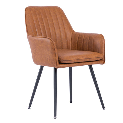 Brown mid-back dining chair with channel-tufted upholstery, rounded arms, and black legs