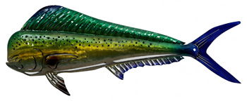Decorative fish wall art with green, yellow, and blue body and blue tail