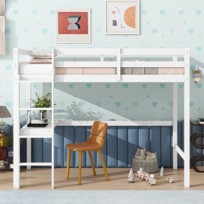 Twin High Loft Bed, Rubber Wood Loft Bed with Safety Guardrail, built-in desk, ladder, White