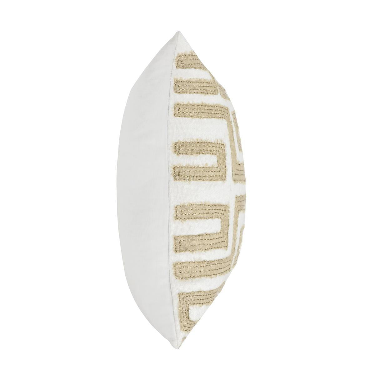 22-inch pillow side view with Greek key embroidery in metallic gold on ivory