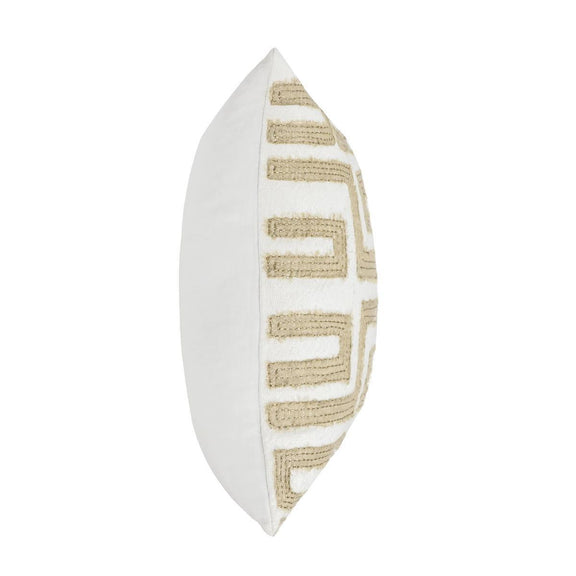 22-inch pillow side view with Greek key embroidery in metallic gold on ivory