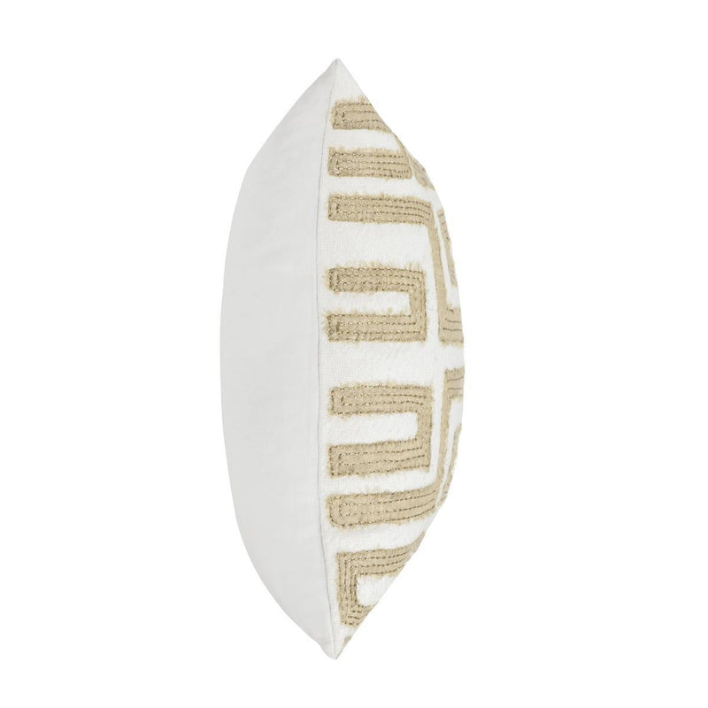 22-inch pillow side view with Greek key embroidery in metallic gold on ivory