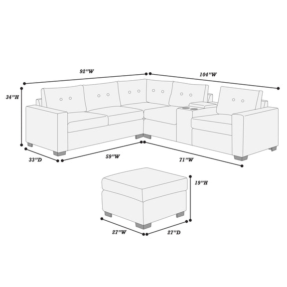 Sectional sofa set line diagram with corner configuration and ottoman dimensions