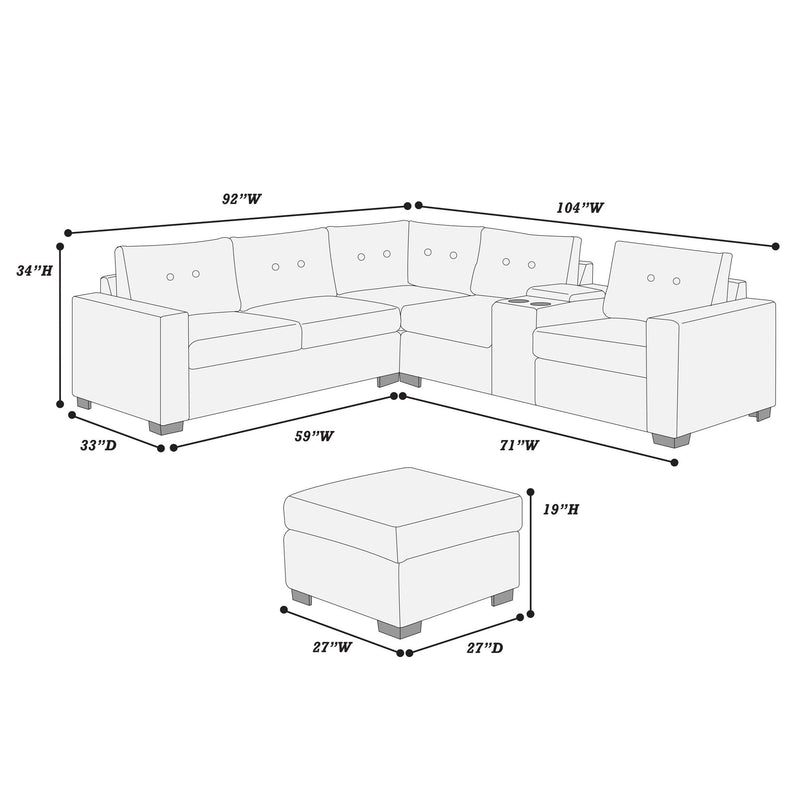 Sectional sofa set line diagram with corner configuration and ottoman dimensions