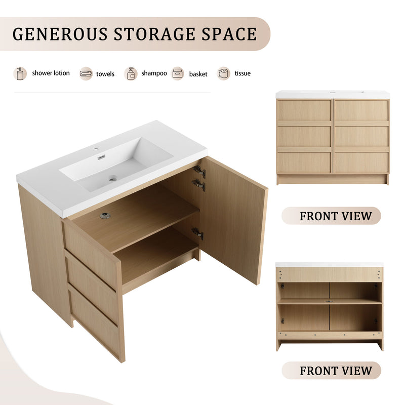 Freestanding bathroom vanity with open storage, white sink basin, and two soft-close doors