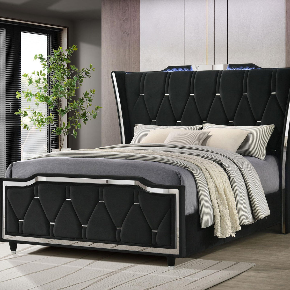 Lorient Queen LED Upholstered Wingback Bed Black
