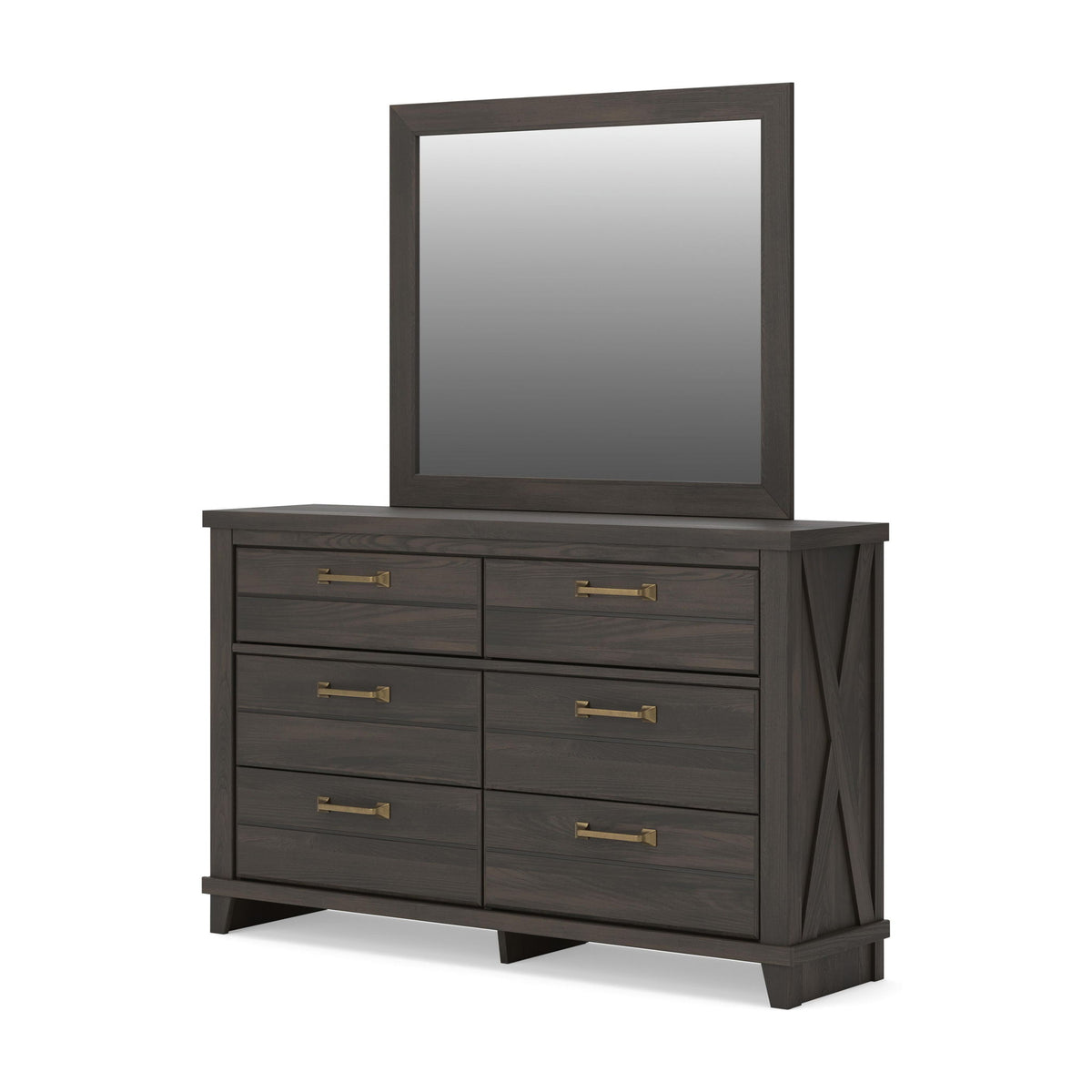Six-drawer dark brown dresser and matching mirror, shown from the opposite side