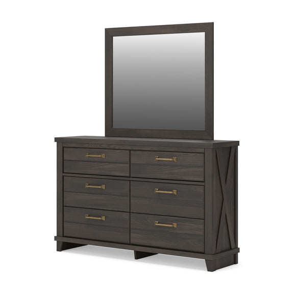 Six-drawer dark brown dresser and matching mirror, shown from the opposite side