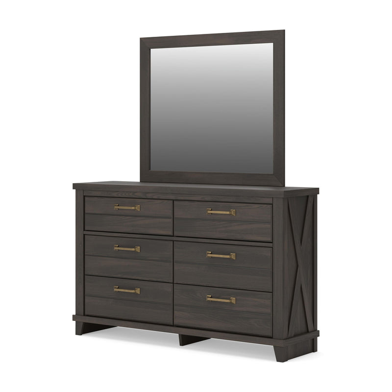 Six-drawer dark brown dresser and matching mirror, shown from the opposite side